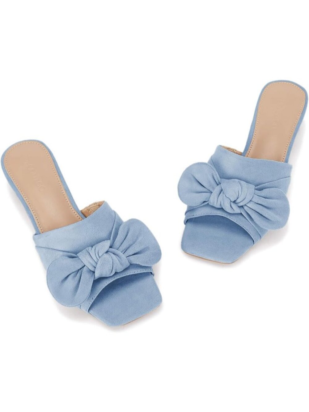 Women's Blue Faux Suede Summer Square Open Toe Bow Slides Chunky Low Heel Shoes